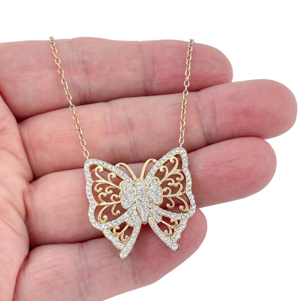 Vintage Gold Tone Sterling Silver 925 Crystal Butterfly Pendant Necklace 16.5"
